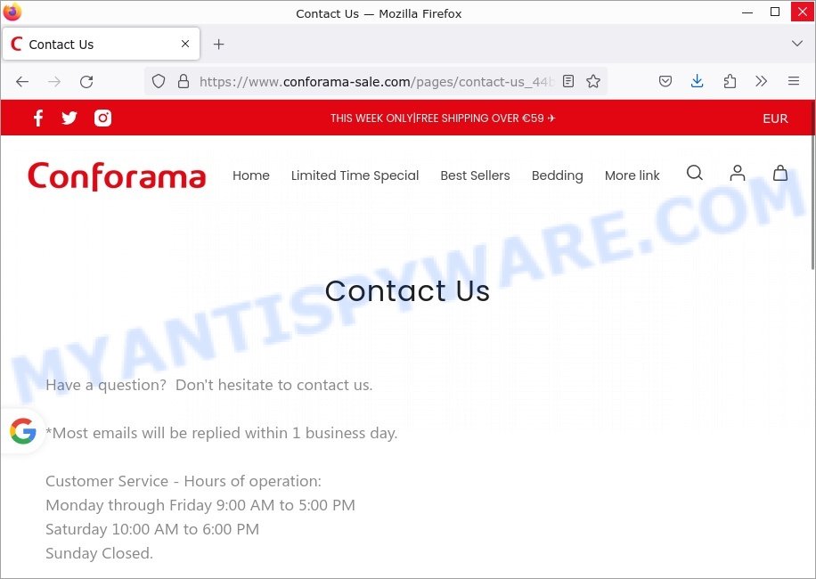 Conforama-sale.com scam contacts