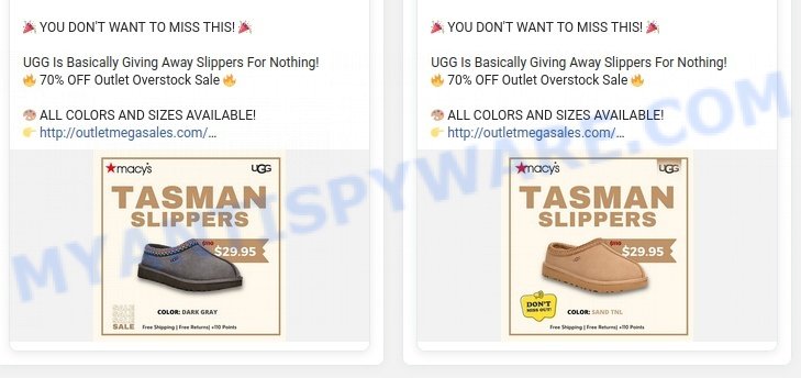 Outletmegasales.com Tasman Slipper Scam ads