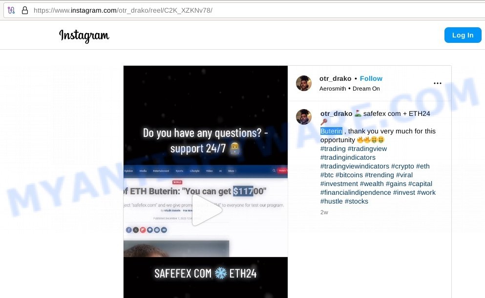 Safefex.com instagram Vitalik Buterin promo code scam