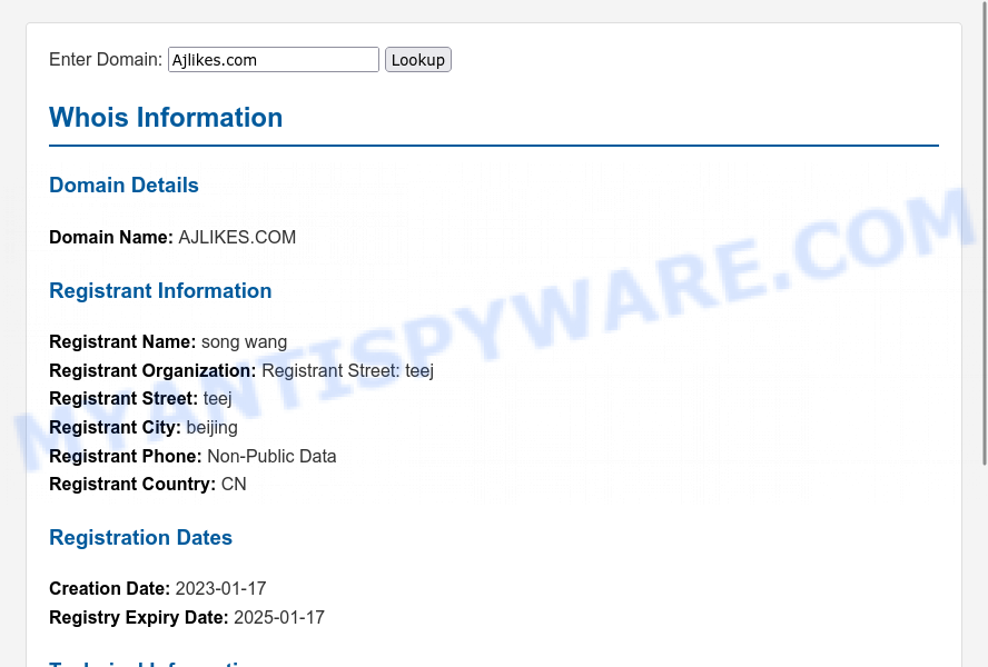 Ajlikes.com WHOIS Lookup