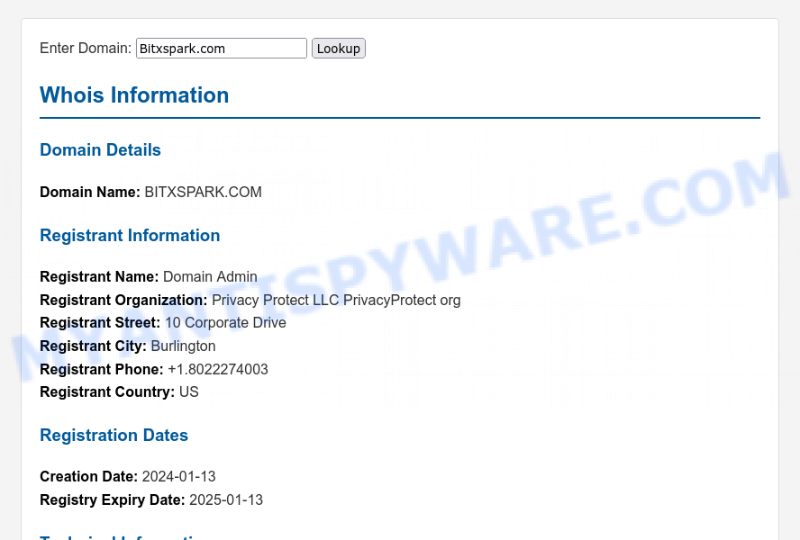 Bitxspark com WHOIS Lookup