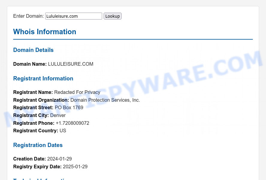 Lululeisure.com WHOIS Lookup