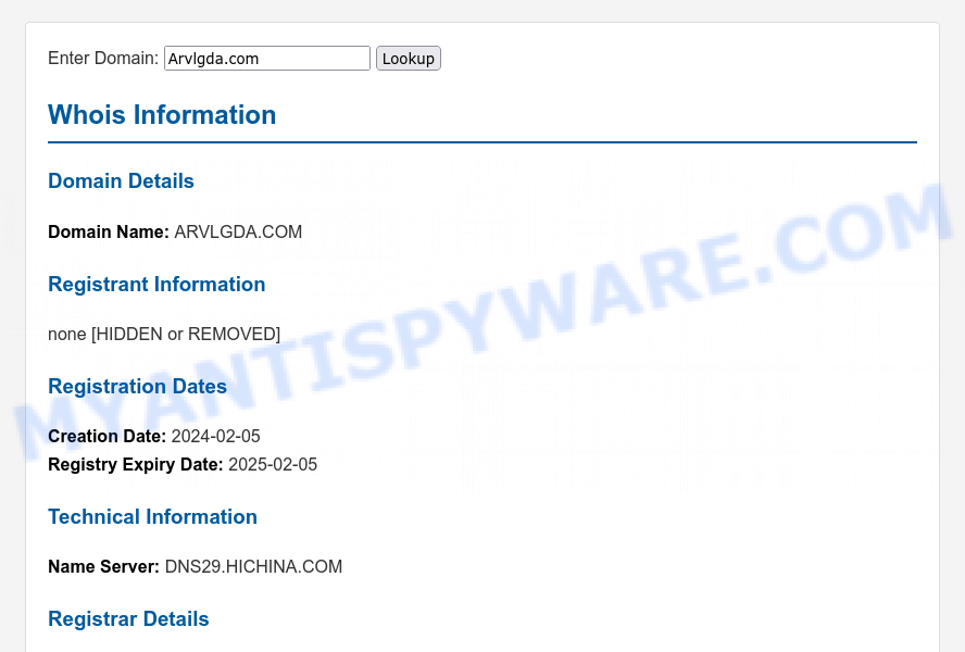 Arvlgda.com WHOIS Lookup
