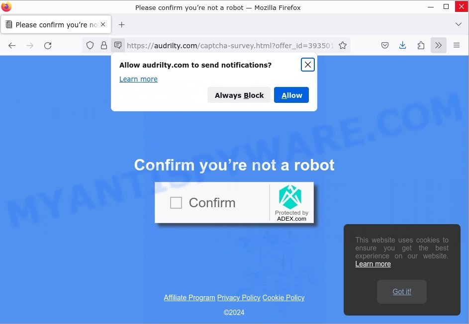 Audrilty.com Please confirm you are not a robot scam