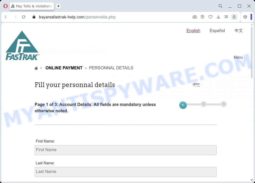 Pay Tolls Violations fake FasTrak website scam personal details