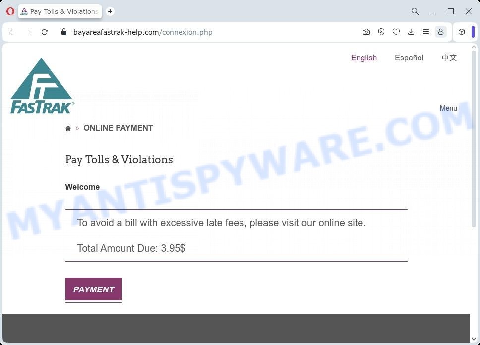 Pay Tolls Violations fake FasTrak website scam