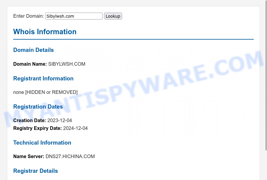 Sibylwsh.com WHOIS Lookup