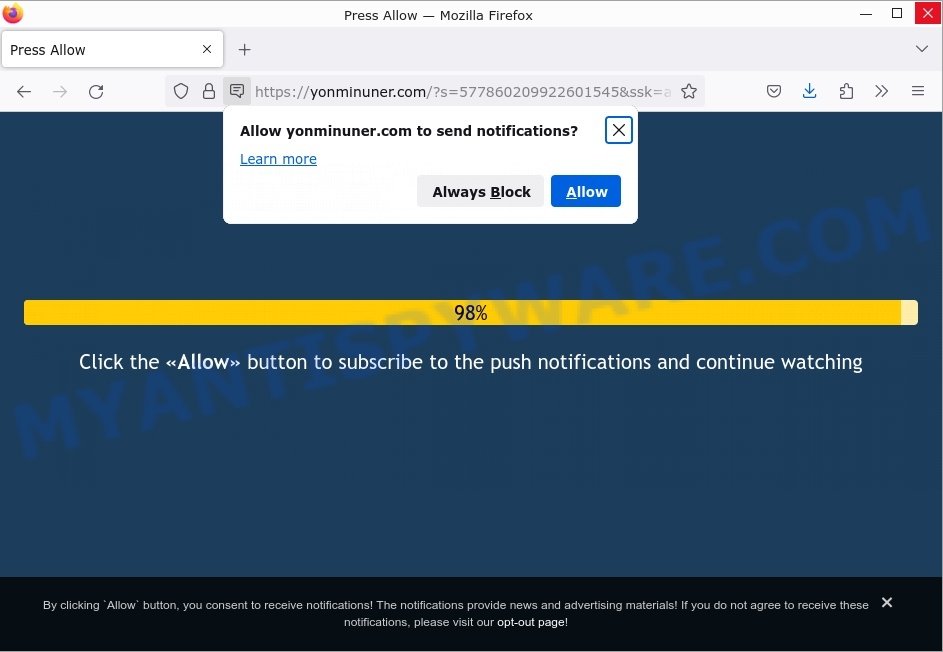 yonminuner.com click Allow scam