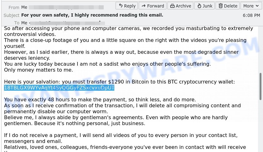 18TBLGX9WYvAqYt4SyQGGyFZSxcvxuDpUT Bitcoin Email Scam