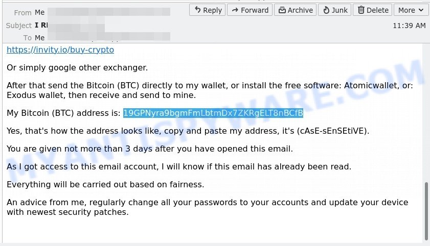 19GPNyra9bgmFmLbtmDx7ZKRgELT8nBCfB Bitcoin Email Scam