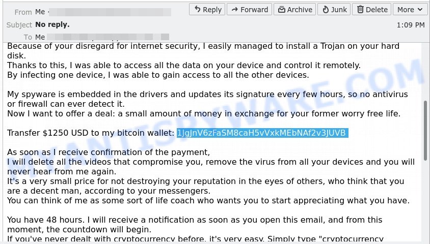 1JgJnV6zFaSM8caH5vVxkMEbNAf2v3JUVB Bitcoin Email Scam