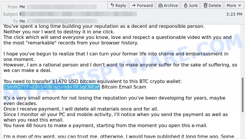 1SmBDTt7nd3654t9Dstbmd4YiF3qCNEaF Bitcoin Email Scam