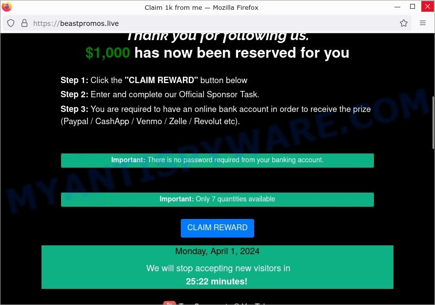Beastpromos.live 1000 reward scam