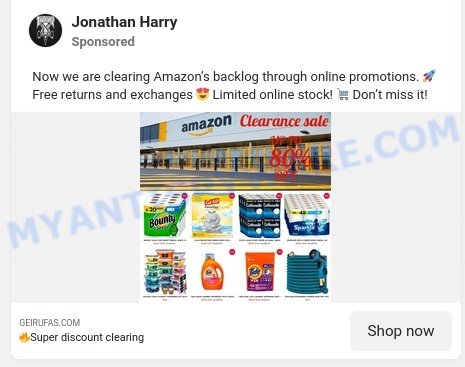 Geirufas.com fake amazon Clearance sale scam facebook ads