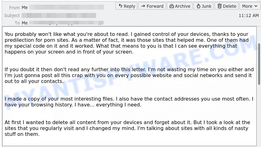 I gained control of your devices Email Scam