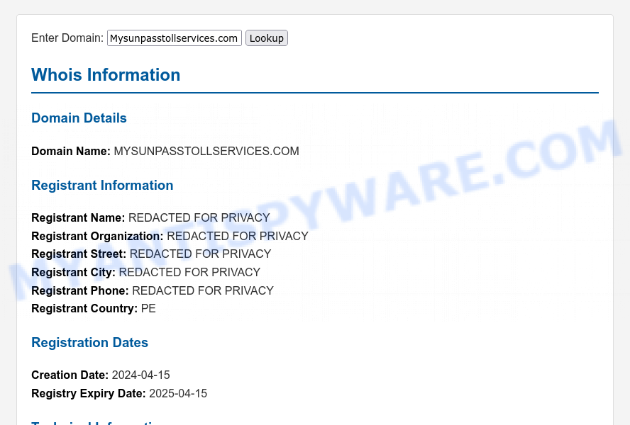 Mysunpasstollservices.com WHOIS Lookup