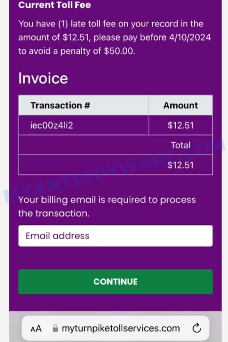 Myturnpiketollservices.com PA Turnpike scam invoice