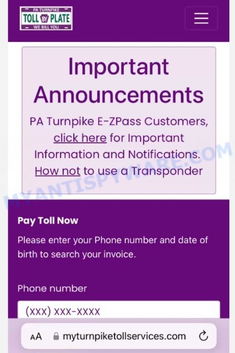 Myturnpiketollservices.com PA Turnpike scam site