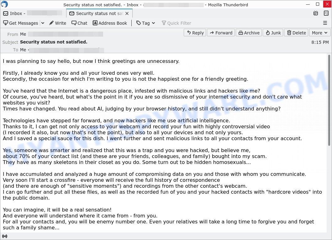 1A2uApEqhixtRBbtWiRjFgTzbNa5A9xyRD Bitcoin Email Scam : Security status not satisfied I was planning to say hello email scam