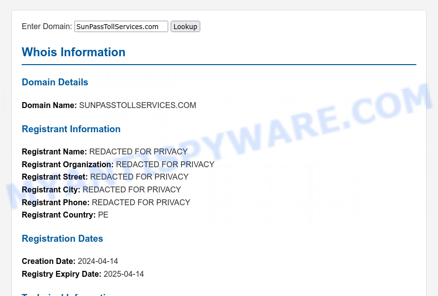 SunPassTollServices.com WHOIS Lookup