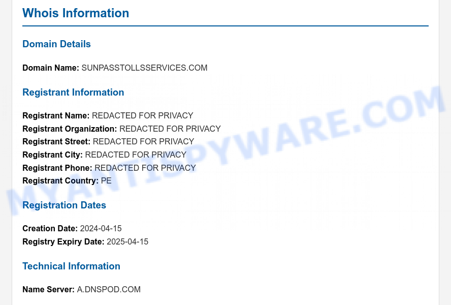 SunPassTollsServices.com WHOIS Lookup