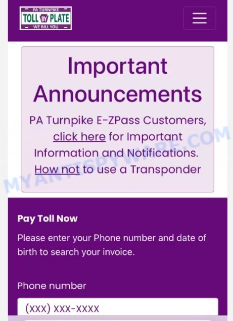 Turnpiketollservices.com PA Turnpike scam site