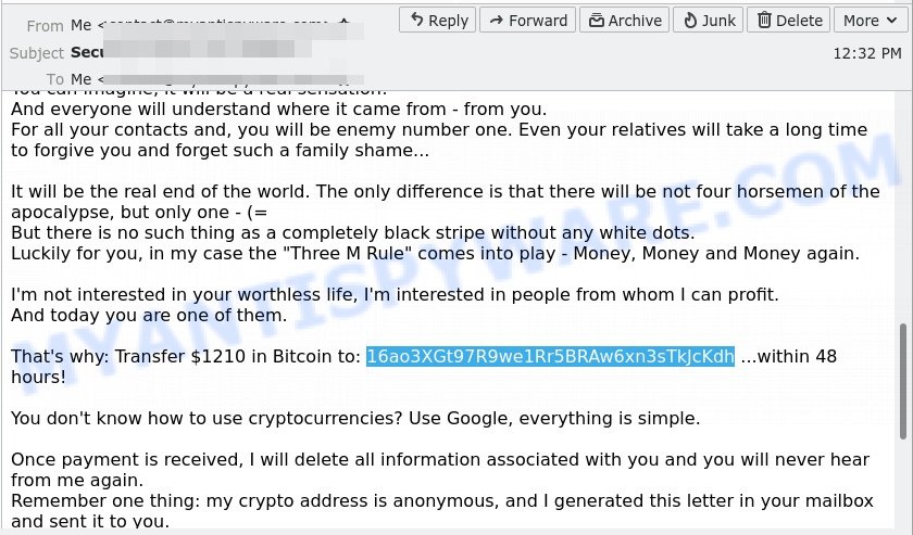 16ao3XGt97R9we1Rr5BRAw6xn3sTkJcKdh Bitcoin Email Scam