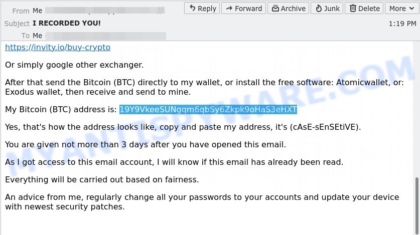 19Y9VkeeSUNgqm6qbSy6Zkpk9oHaS3eHXT Bitcoin Email Scam