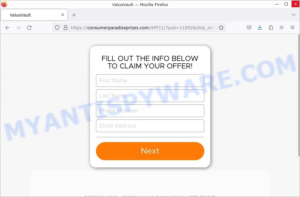 Consumerparadiseprizes.com ValueVault scam