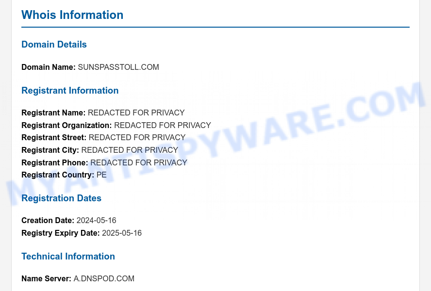 SunsPassToll.com WHOIS Lookup