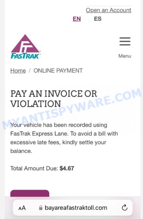 Bay Area FasTrak Toll Text Scam website