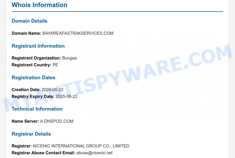 BayAreaFastrakServices.com Scam WHOIS Lookup