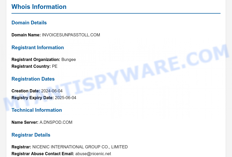 InvoiceSunPassToll.com WHOIS Lookup
