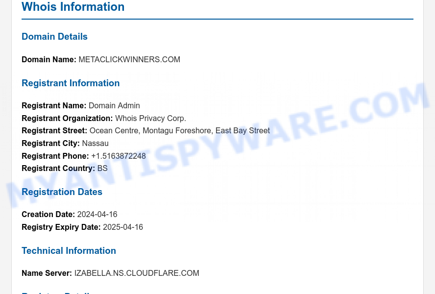 Metaclickwinners.com WHOIS Lookup