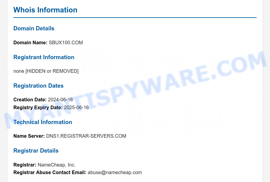 Sbux100.com WHOIS Lookup